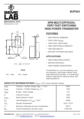 BUP50A Datasheet PDF Semelab - > TT Electronics plc 