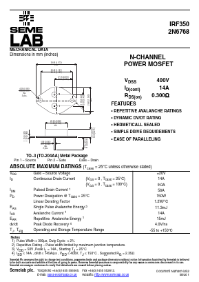 2N6768 Datasheet PDF Semelab - > TT Electronics plc 