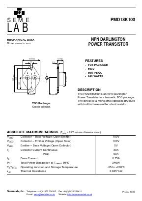 PMD18K100 Datasheet PDF Semelab - > TT Electronics plc 