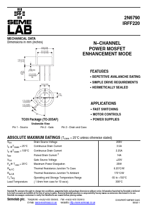 2N6790 Datasheet PDF Semelab - > TT Electronics plc 