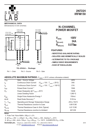 IRFM150 Datasheet PDF Semelab - > TT Electronics plc 