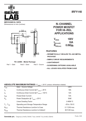IRFY140 Datasheet PDF Semelab - > TT Electronics plc 