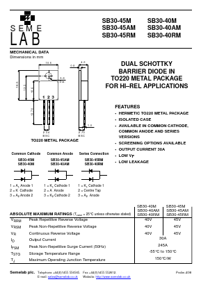 SB30-45RM Datasheet PDF Semelab - > TT Electronics plc 