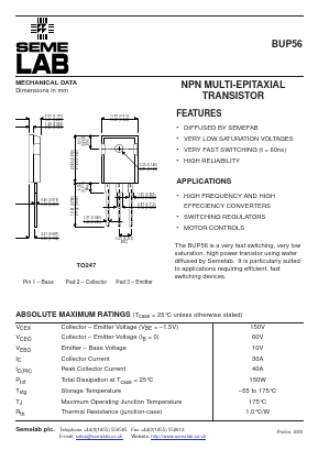 BUP56 Datasheet PDF Semelab - > TT Electronics plc 