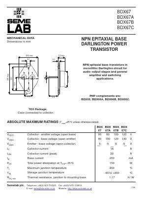 BDX67 Datasheet PDF Semelab - > TT Electronics plc 