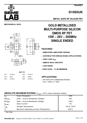 D1093 Datasheet PDF Semelab - > TT Electronics plc 