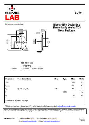 BUV11 Datasheet PDF Semelab - > TT Electronics plc 