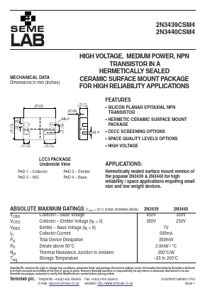 2N3439CSM4 Datasheet PDF Semelab - > TT Electronics plc 