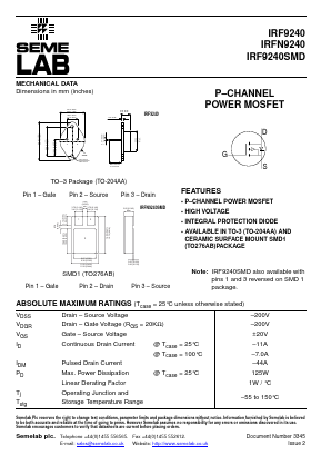 IRF9240SMD Datasheet PDF Semelab - > TT Electronics plc 