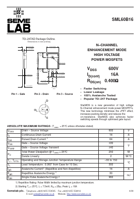 SML60B16 Datasheet PDF Semelab - > TT Electronics plc 