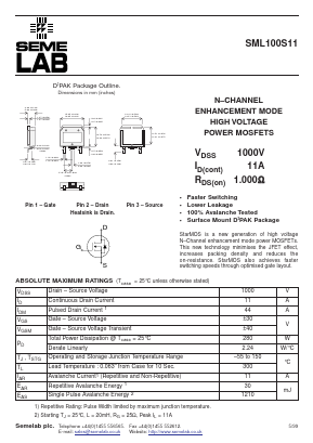 SML100S11 Datasheet PDF Semelab - > TT Electronics plc 