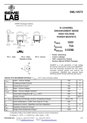 SML10S75 Datasheet PDF Semelab - > TT Electronics plc 