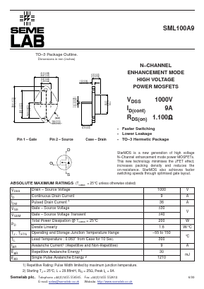 SML100A9 Datasheet PDF Semelab - > TT Electronics plc 