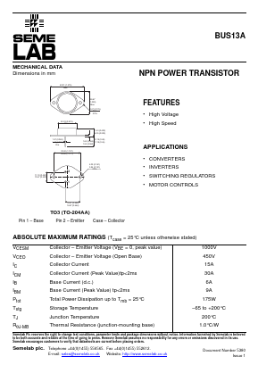 BUS13A Datasheet PDF Semelab - > TT Electronics plc 