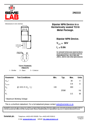 2N2222 Datasheet PDF Semelab - > TT Electronics plc 