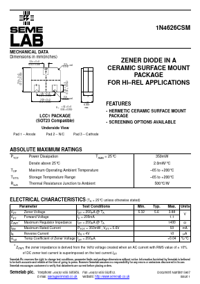 1N4626CSM Datasheet PDF Semelab - > TT Electronics plc 