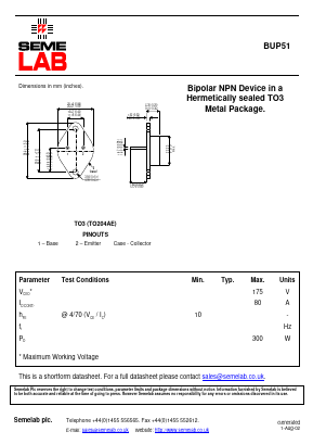 BUP51 Datasheet PDF Semelab - > TT Electronics plc 
