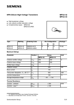 MPSA42 Datasheet PDF Siemens AG