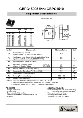 GBPC1510 Datasheet PDF Sirectifier Electronics