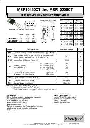 MBR10150CT Datasheet PDF Sirectifier Electronics