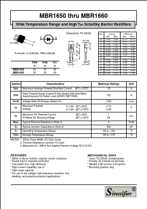 MBR1660 Datasheet PDF Sirectifier Electronics