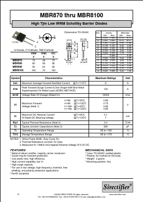 MBR870 Datasheet PDF Sirectifier Electronics