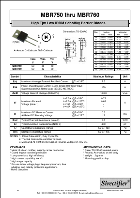 MBR750 Datasheet PDF Sirectifier Electronics