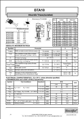 BTA10-800 Datasheet PDF Sirectifier Electronics