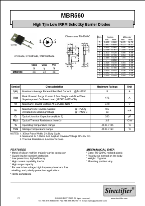 MBR560 Datasheet PDF Sirectifier Electronics
