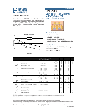 SPF-2000 Datasheet PDF Sirenza Microdevices => RFMD