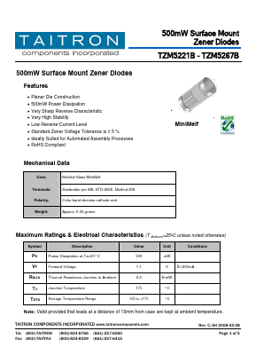 TZM5221B Datasheet PDF TAITRON Components Incorporated