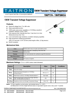 15KP43CA Datasheet PDF TAITRON Components Incorporated
