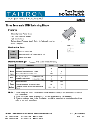 BAS16 Datasheet PDF TAITRON Components Incorporated
