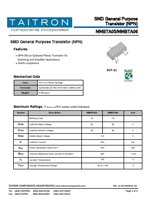 MMBTA05 Datasheet PDF TAITRON Components Incorporated