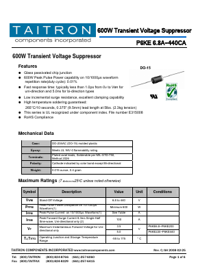P6KE180A Datasheet PDF TAITRON Components Incorporated