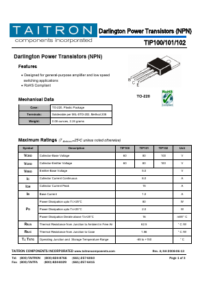 TIP101 Datasheet PDF TAITRON Components Incorporated