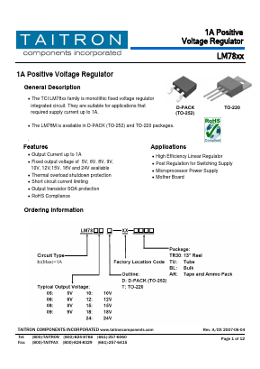 LM7818D-XX-AR Datasheet PDF TAITRON Components Incorporated