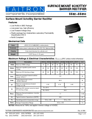 SS36 Datasheet PDF TAITRON Components Incorporated