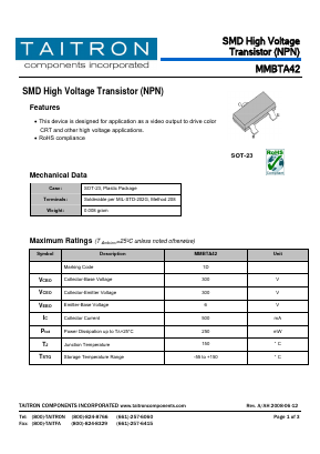 MMBTA42 Datasheet PDF TAITRON Components Incorporated