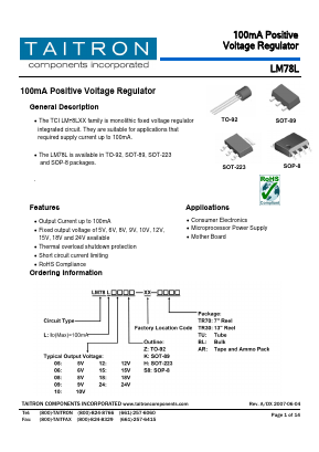 LM78L09S8-XX-TU Datasheet PDF TAITRON Components Incorporated