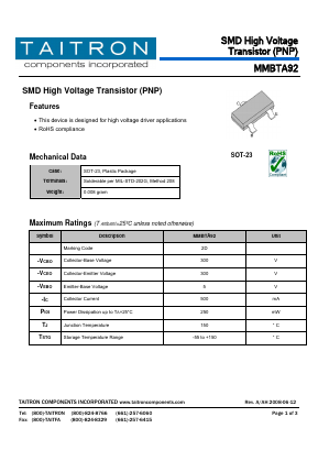 MMBTA92 Datasheet PDF TAITRON Components Incorporated