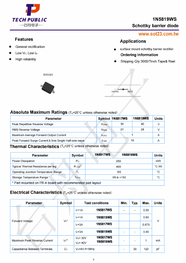 1N5819WS Datasheet PDF TECH PUBLIC Electronics co LTD