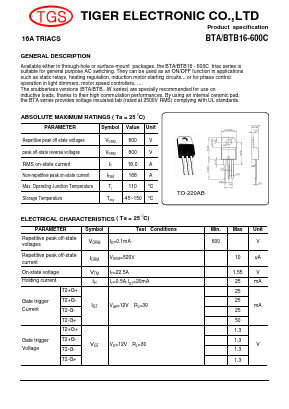 BTA16-600C Datasheet PDF Tiger Electronic