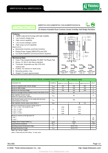 MBRF20150CA Datasheet PDF Thinki Semiconductor Co., Ltd.