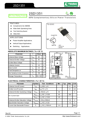 2SD1351 Datasheet PDF Thinki Semiconductor Co., Ltd.