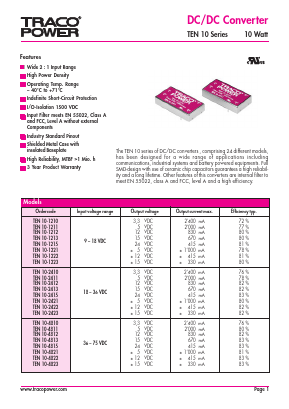TEN10-1212 Datasheet PDF TRACO Electronic AG