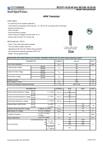 BC337-25A1G Datasheet PDF TSC Corporation