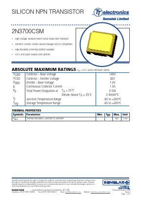2N3700CSM Datasheet PDF TT Electronics.