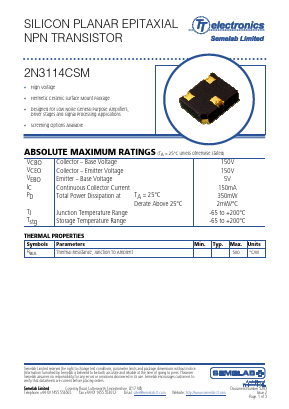 2N3114CSM Datasheet PDF TT Electronics.