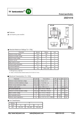 2SD1418 Datasheet PDF TY Semiconductor